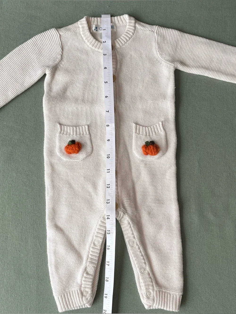 Upcycled Cream Knit One-Piece with hand stitched Pumpkin Pocket Accents